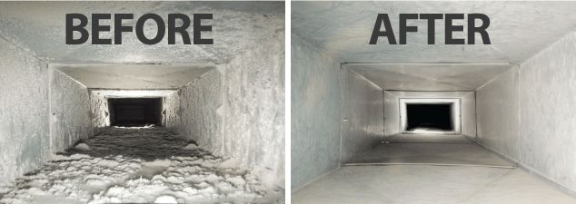 Before and after of an air duct cleaning — heavy dust buildup on the left, clean ductwork on the right