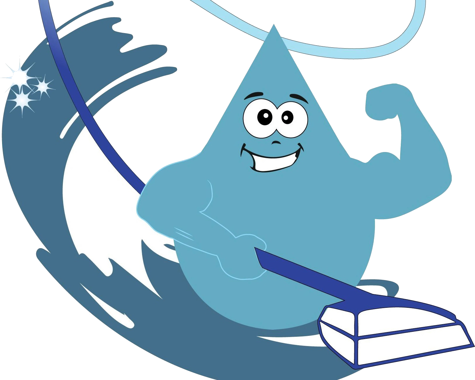 The Great Lakes Super Clean mascot — a flexing water drop pushing a carpet cleaning wand